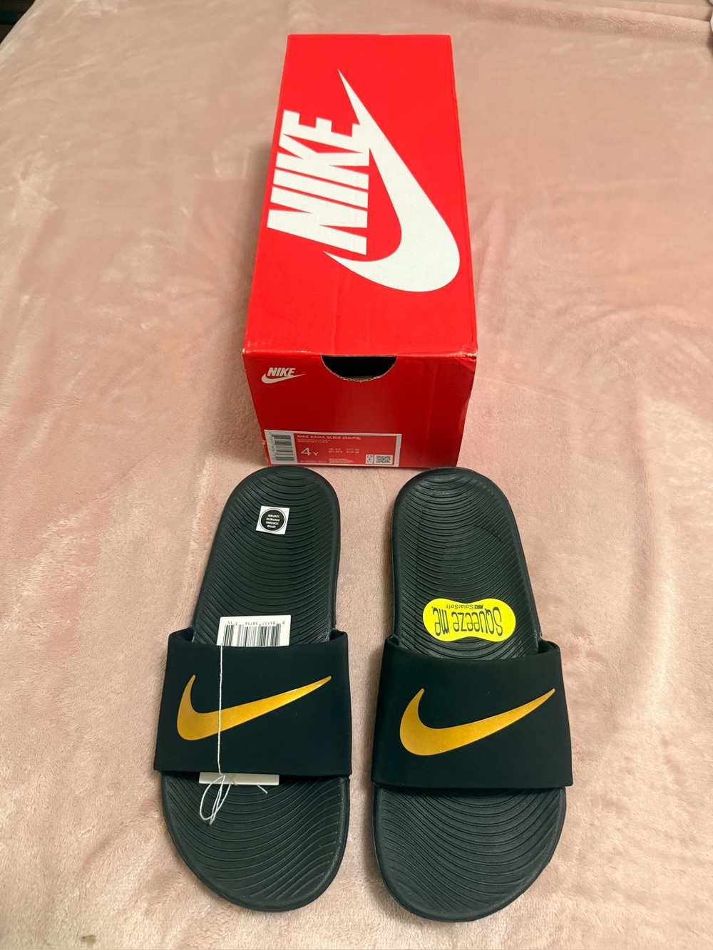 Nike Kids Black Slide Sandals with Gold Swoosh Accent Size 4 NIB